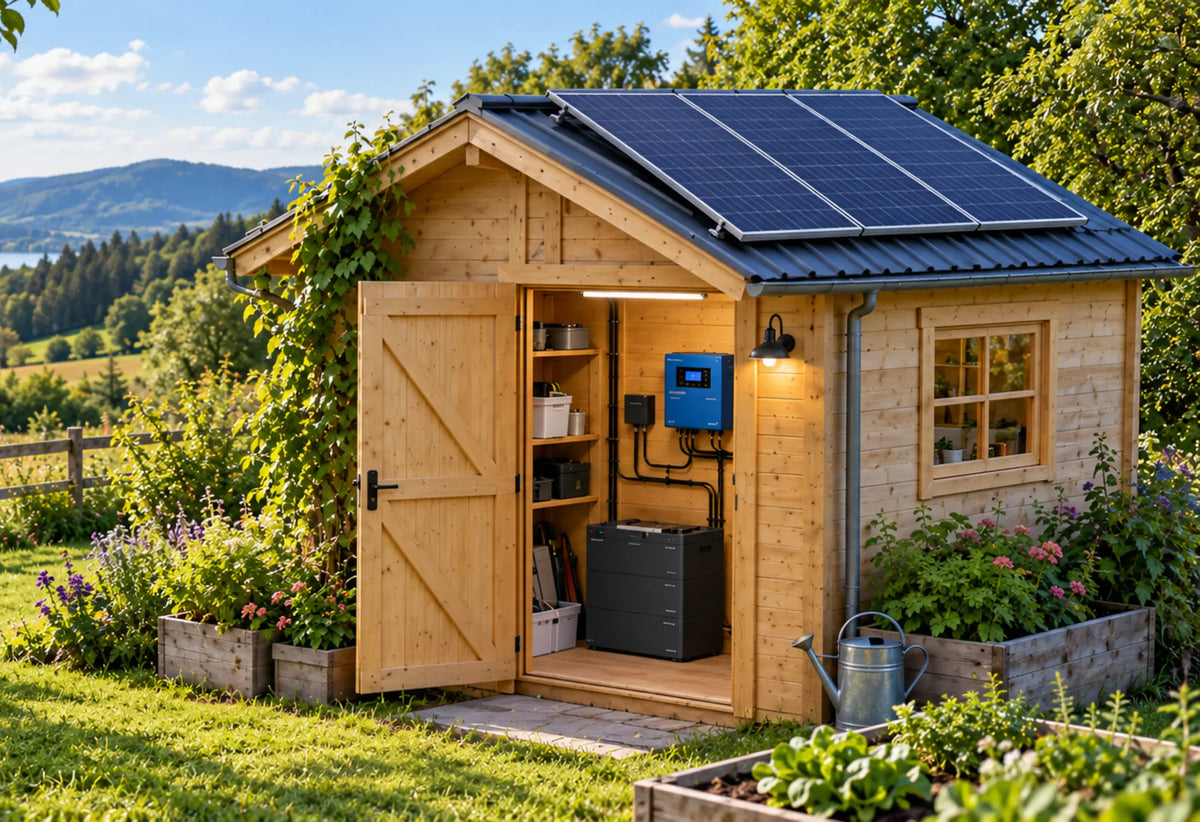 Holz-Gartenhaus mit Solarmodulen auf dem Dach, offenem Technikraum mit Wechselrichter und Batteriespeicher – Beispiel für ein Balkonkraftwerk im Inselbetrieb.