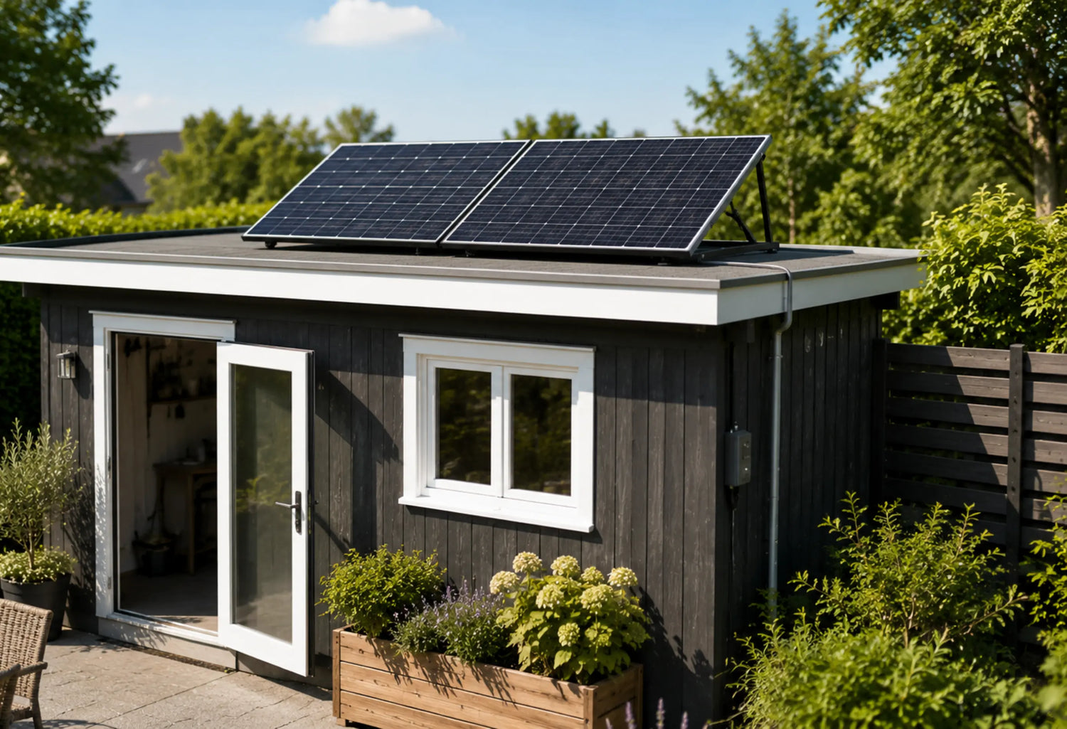 Modernes Gartenhaus mit zwei Solarmodulen auf dem Flachdach in sonnigem Garten – kleines Balkonkraftwerk zur nachhaltigen Stromerzeugung.
