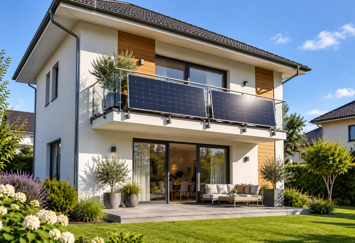 Modernes Einfamilienhaus mit Balkon, an dessen Außenseite zwei Solarmodule am Geländer montiert sind; davor gepflegter Garten und Terrasse bei sonnigem Wetter.