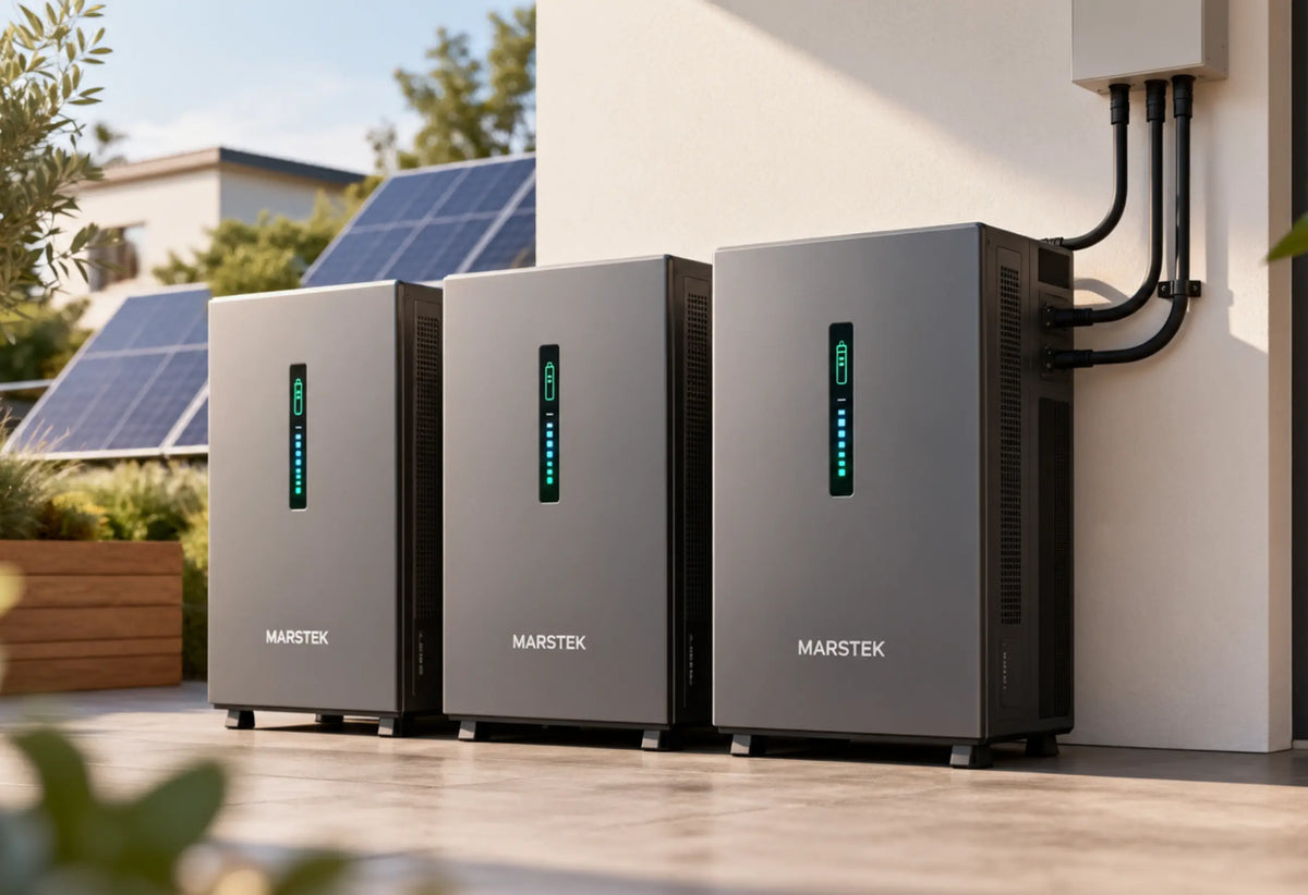 Drei Marstek Venus E 3.0 Batteriespeicher nebeneinander auf einer Terrasse vor einem modernen Wohnhaus. Im Hintergrund sind Solarmodule zu sehen, die Teil einer PV-Anlage sind.