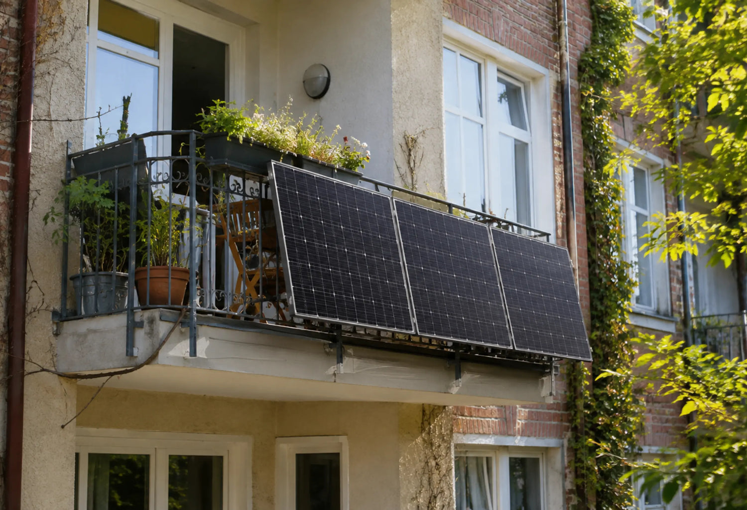 Außenansicht eines sonnigen Balkons mit am Geländer montierten Solarpanels und Pflanzen, realistische Darstellung eines Balkonkraftwerks an einem Wohngebäude.