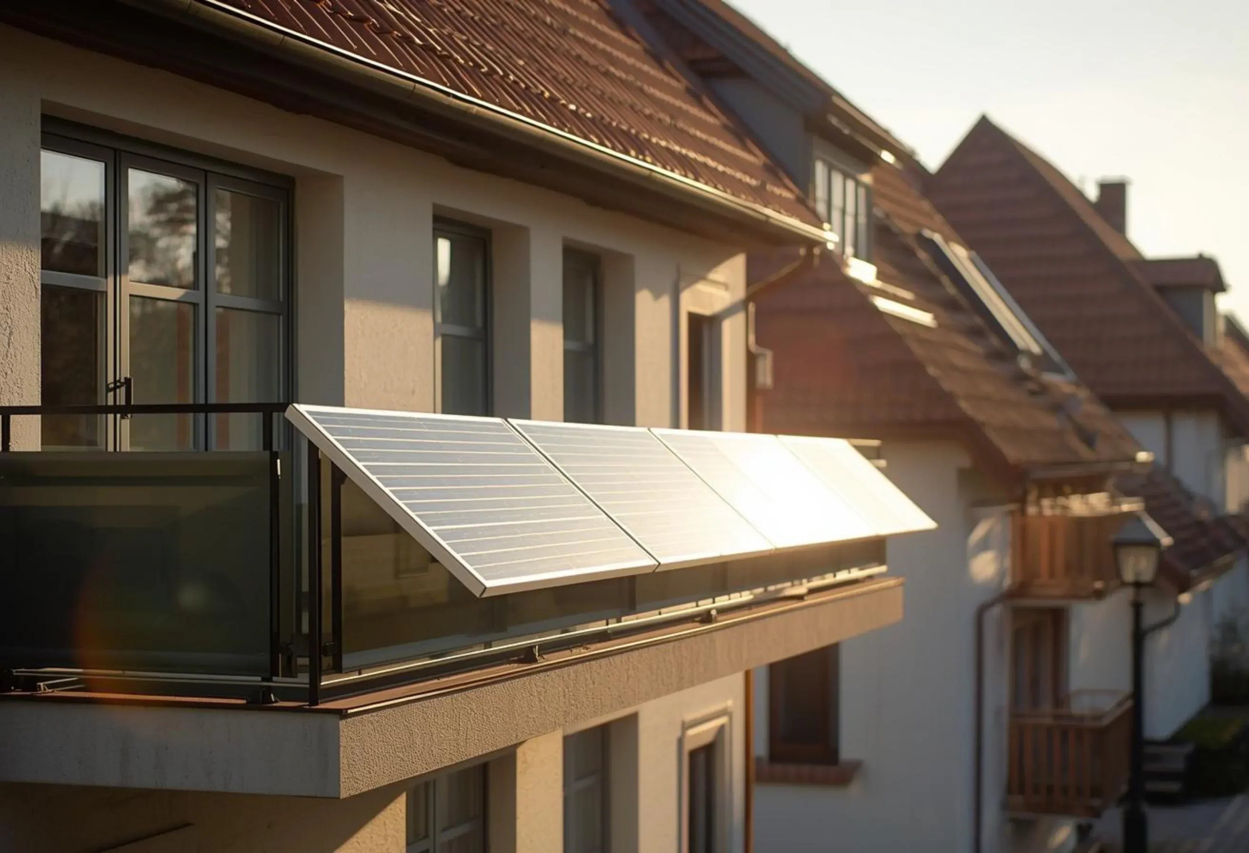 Solarmodule eines Balkonkraftwerks auf einem Balkon in einer städtischen Umgebung, mit Blick auf umliegende Wohngebäude