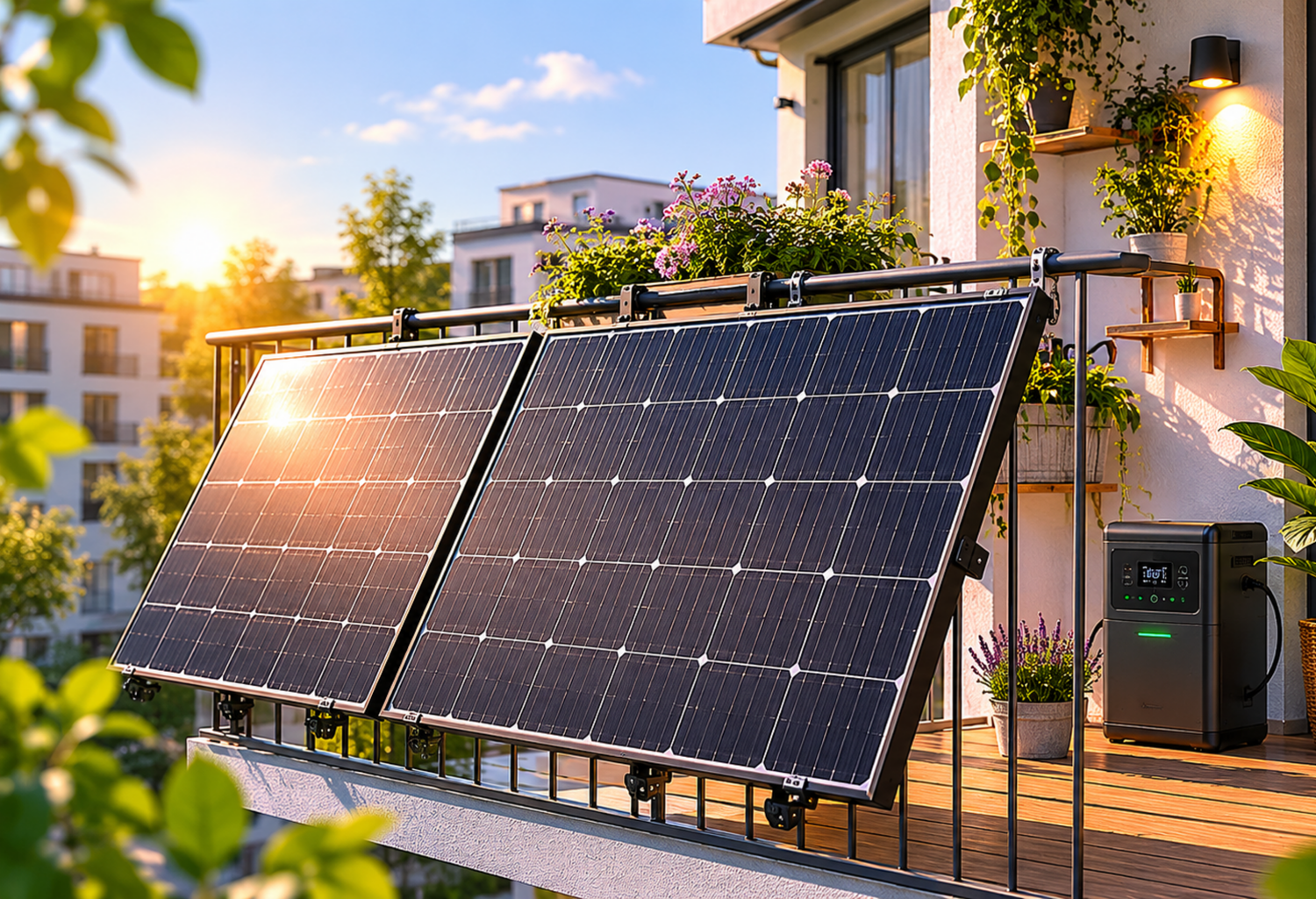 Balkonkraftwerk mit Solarpanels am Balkongeländer und Speicher auf einem sonnigen Balkon.
