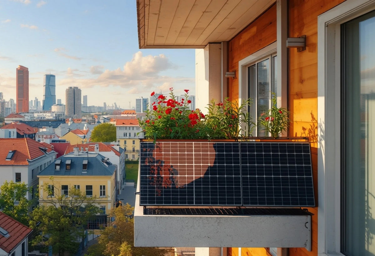 Balkonkraftwerk mit zwei Solarmodulen am Balkon eines Wohnhauses mit Pflanzen und Blick auf eine städtische Umgebung.