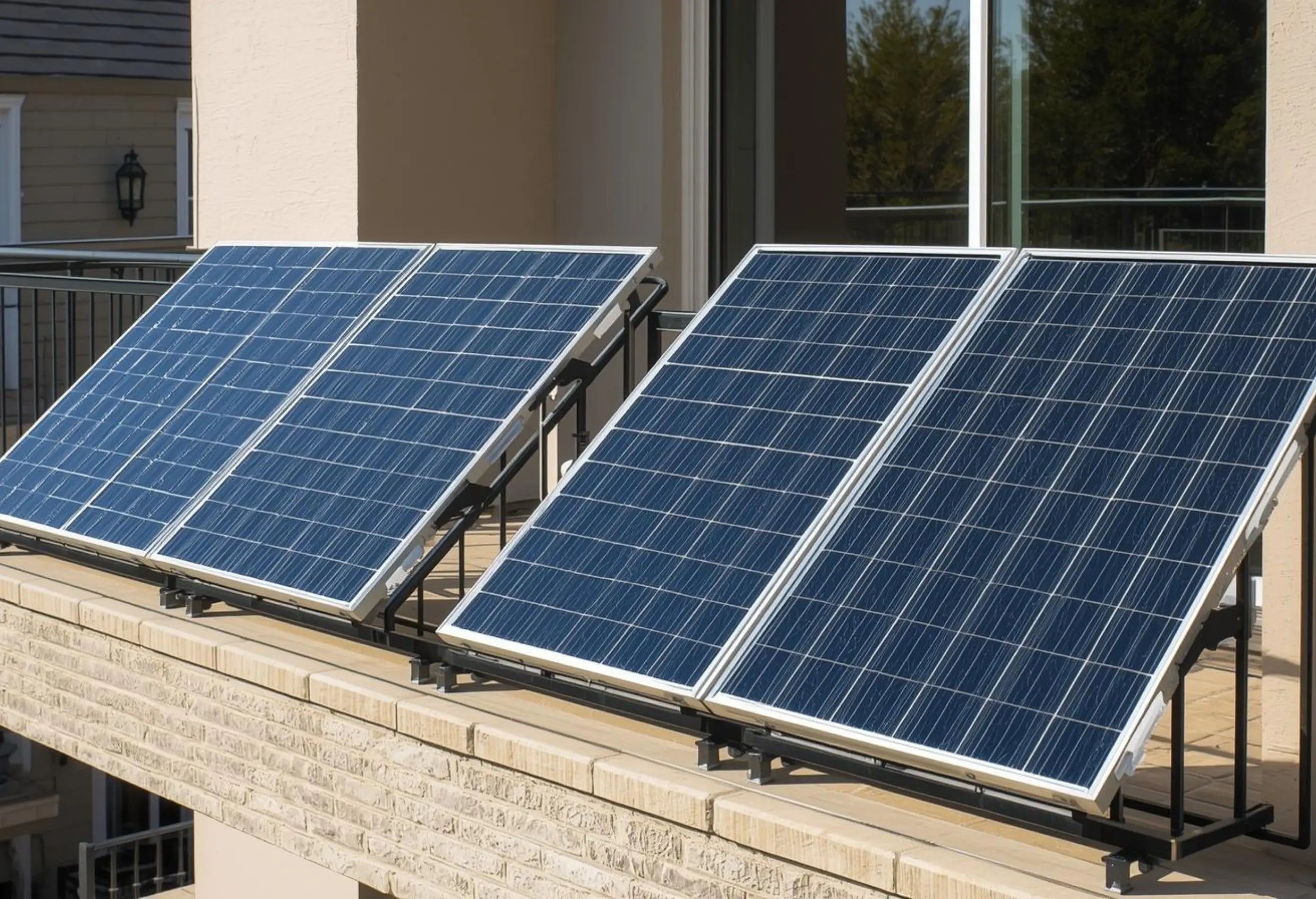Vier Solarpanels eines Balkonkraftwerks am Balkongeländer montiert zur Erzeugung von Solarstrom