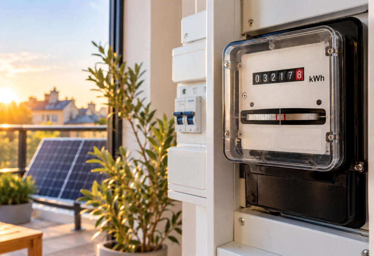 Alter Ferraris-Stromzähler in einem geöffneten Zählerschrank, daneben Sicherungen; im Hintergrund ein Balkonkraftwerk mit Solarmodul auf einer sonnigen Terrasse.