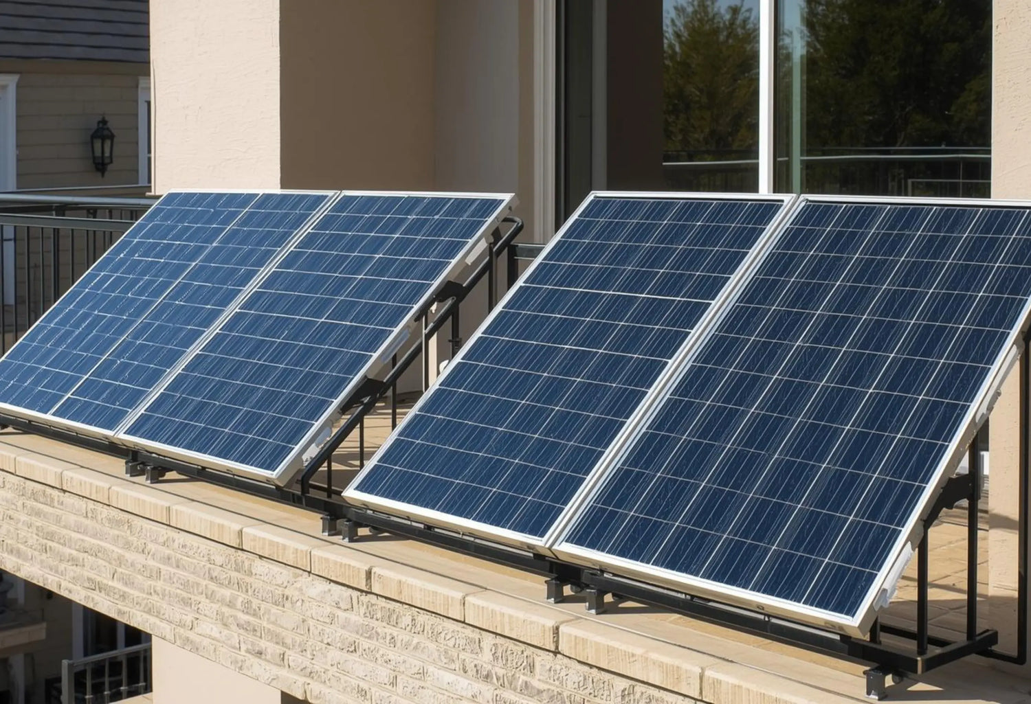 Vier Solarpanels eines Balkonkraftwerks am Balkongeländer montiert zur Erzeugung von Solarstrom