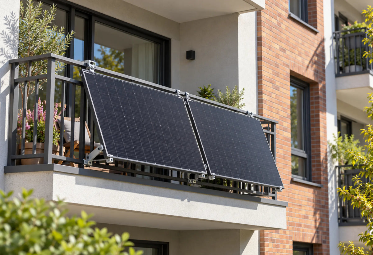 Zwei Solarmodule sind außen an einem modernen Balkon eines Mehrfamilienhauses montiert; sichtbare Halterungen, Pflanzen und eine sonnige Wohnumgebung im Hintergrund.