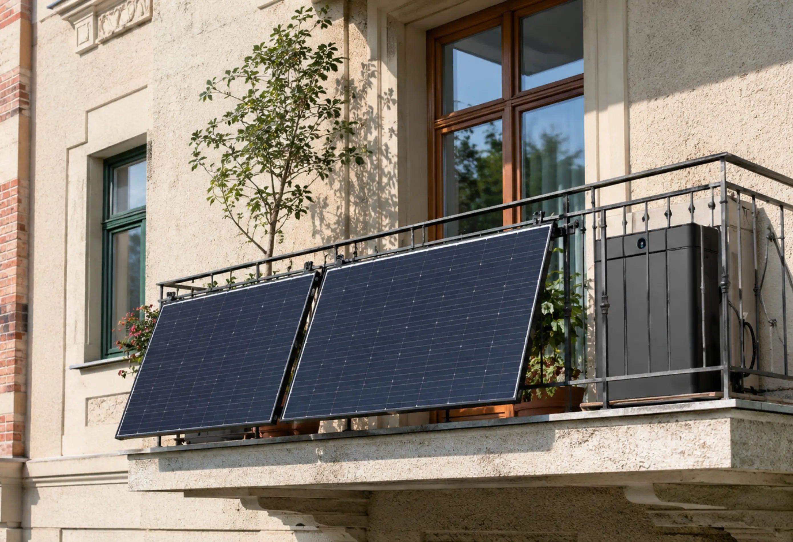 Balkonkraftwerk mit zwei Solarmodulen außen am Balkongeländer und Marstek Stromspeicher auf einem sonnigen Stadtbalkon an einem Wohngebäude.