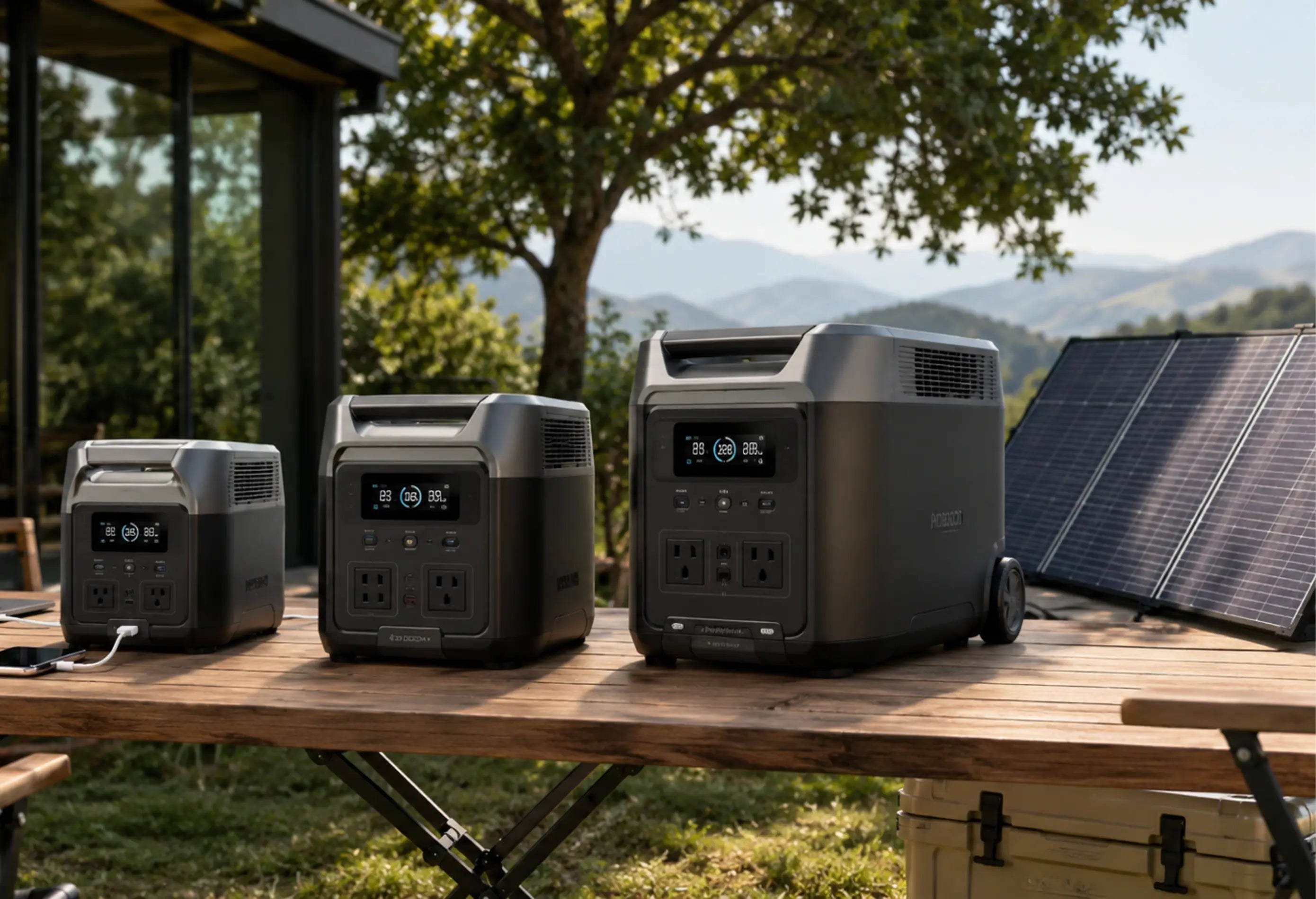 Drei unterschiedlich große EcoFlow-Powerstations auf einem Holztisch vor Solarmodulen, mit Laptop und Smartphone in einer sonnigen Outdoor-Umgebung.