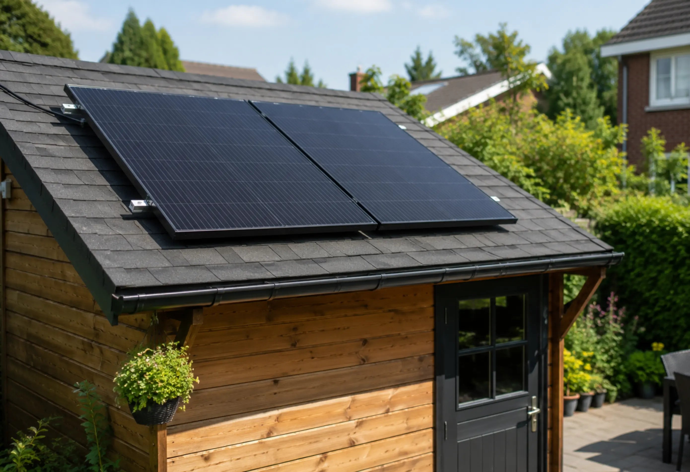 Kleines Balkonkraftwerk mit Solarmodulen auf einem Gartenhausdach in einem sonnigen, gepflegten Garten mit Rasen, Beeten und Sitzbereich.