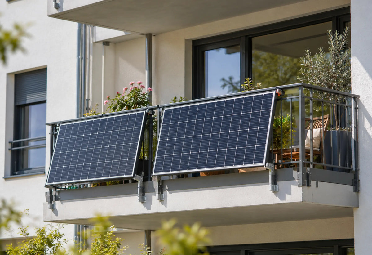 Balkonkraftwerk mit zwei Solarmodulen an einem sonnigen Balkon eines modernen Wohnhauses.
