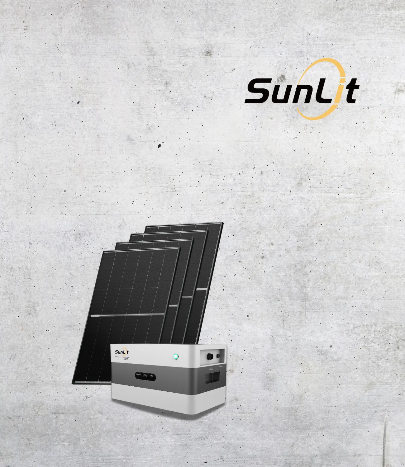 Vier Solarmodule mit Sunlit B215 Stromspeicher, SunLit Logo