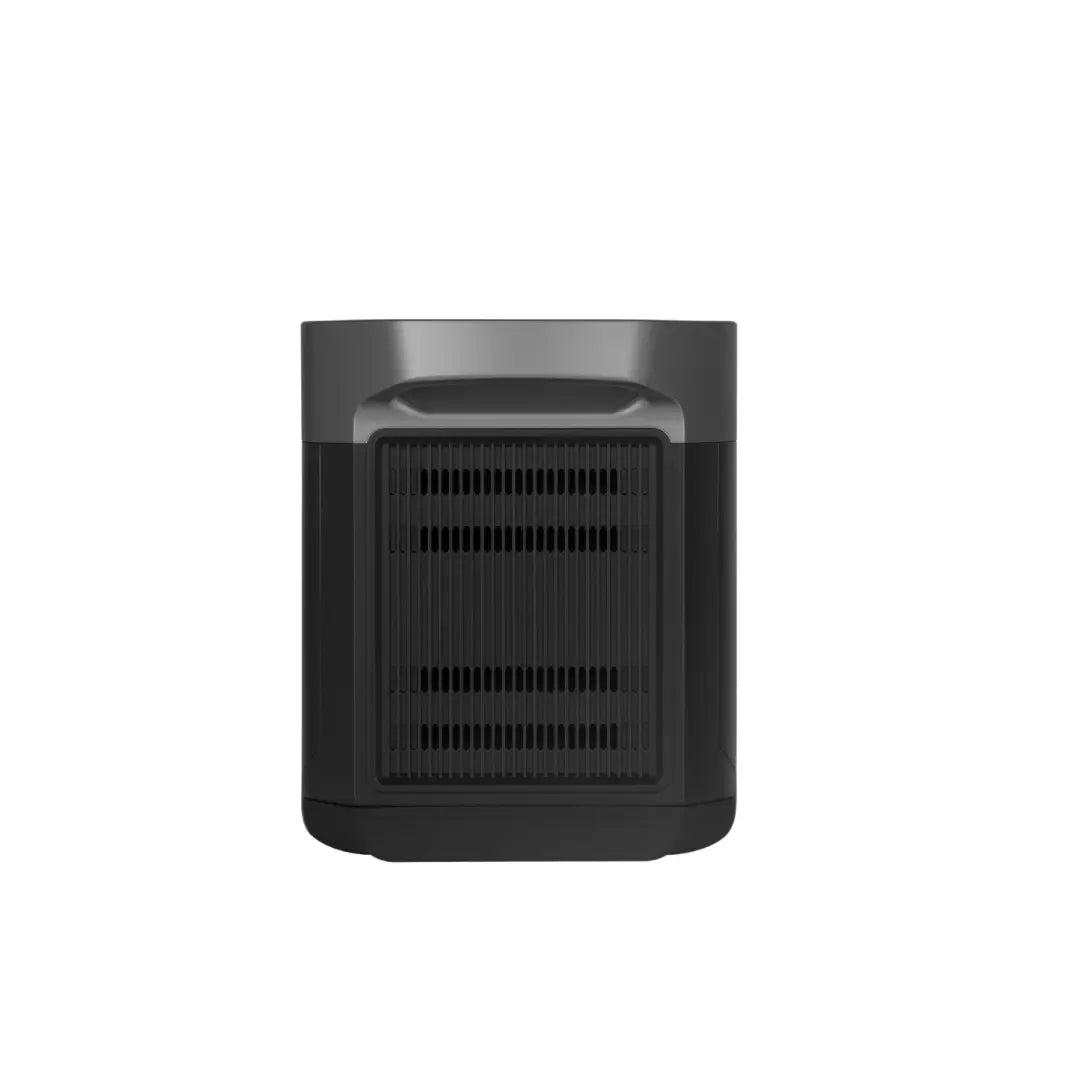 Rückansicht einer EcoFlow Delta 2 Max Zusatzbatterie auf weißem Hintergrund.