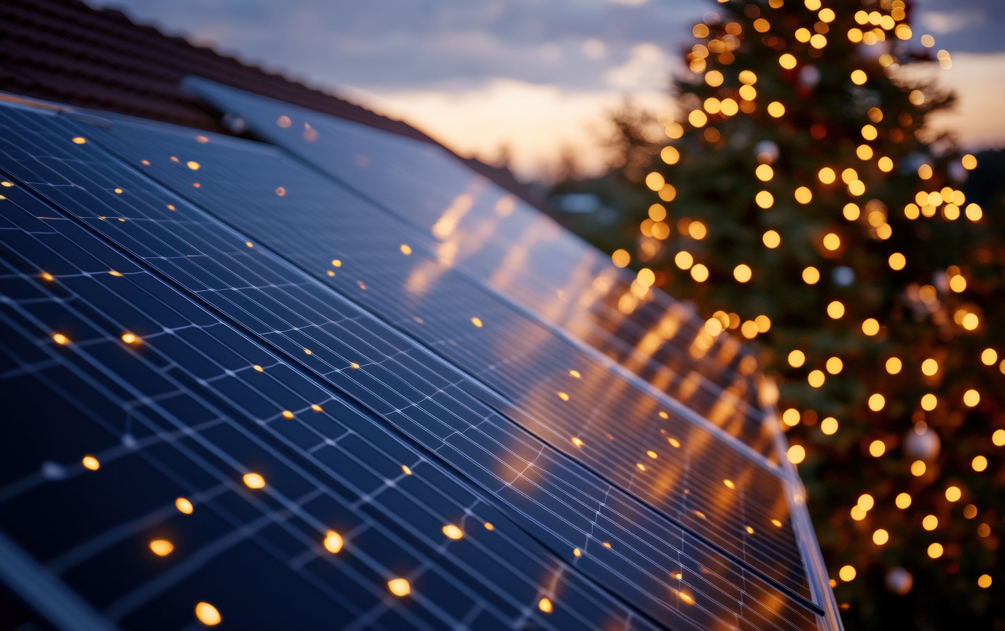 Solarzellen auf Dach mit Weihnachtsbaum und Lichtern verschwommen im Hintergrund. Sonnenuntergang.
