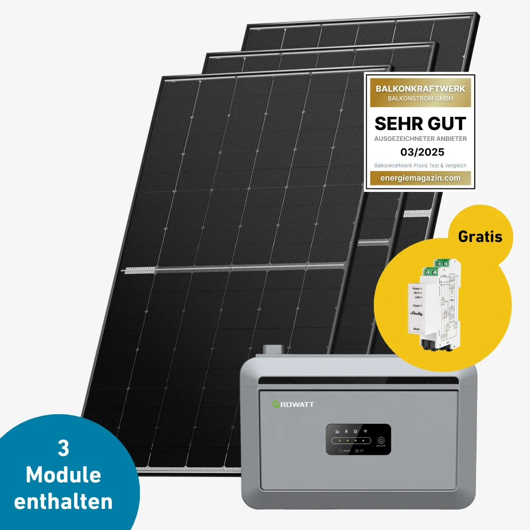 Drei Ja Solar 450-Wp Solarmodule mit Shelly Pro 3 EM Bild und Growatt NEXA 2000 Speicher