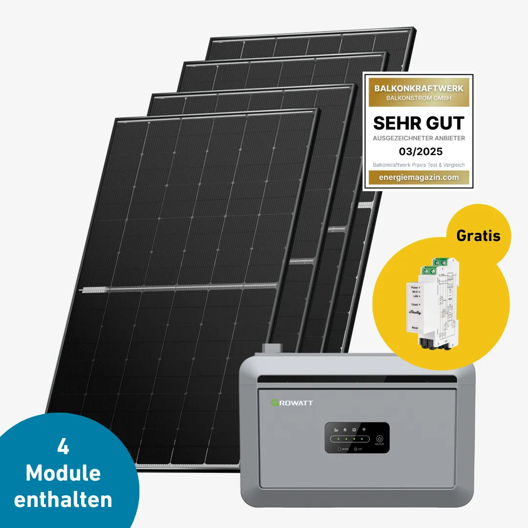Vier Ja Solar 450-Wp Solarmodule mit Shelly Pro 3 EM Bild und Growatt NEXA 2000 Speicher