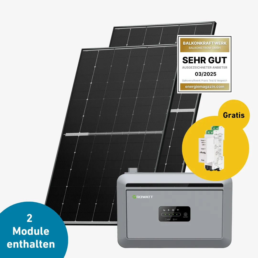 Zwei Ja Solar 450-Wp Solarmodule mit Shelly Pro 3 EM Bild und Growatt 2000 Speicher