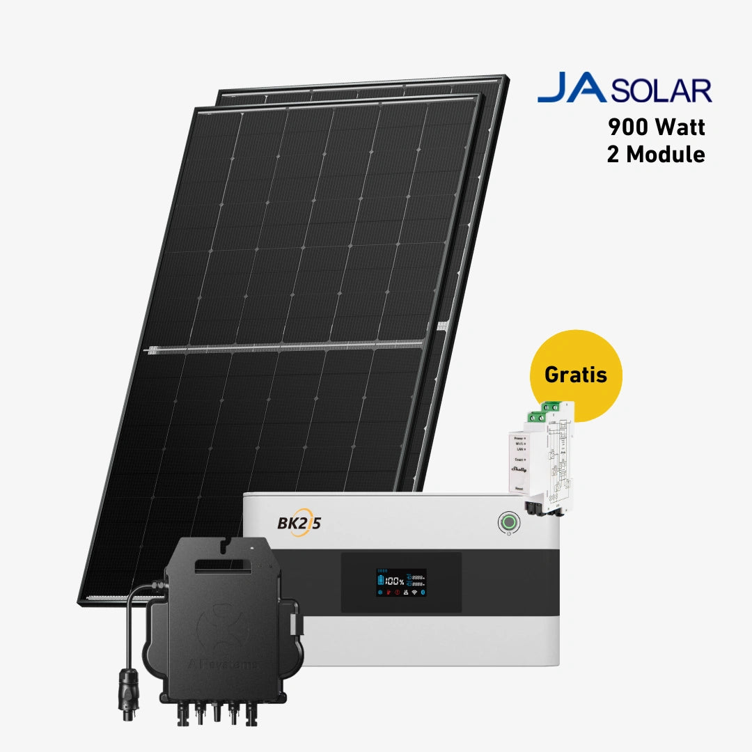 Zwei JA Solar Solarmodule mit SunEnergyXT B215 Stromspeicher und AP Systems Wechselrichter und Shelly Pro 3EM Strommessgerät Produktbild