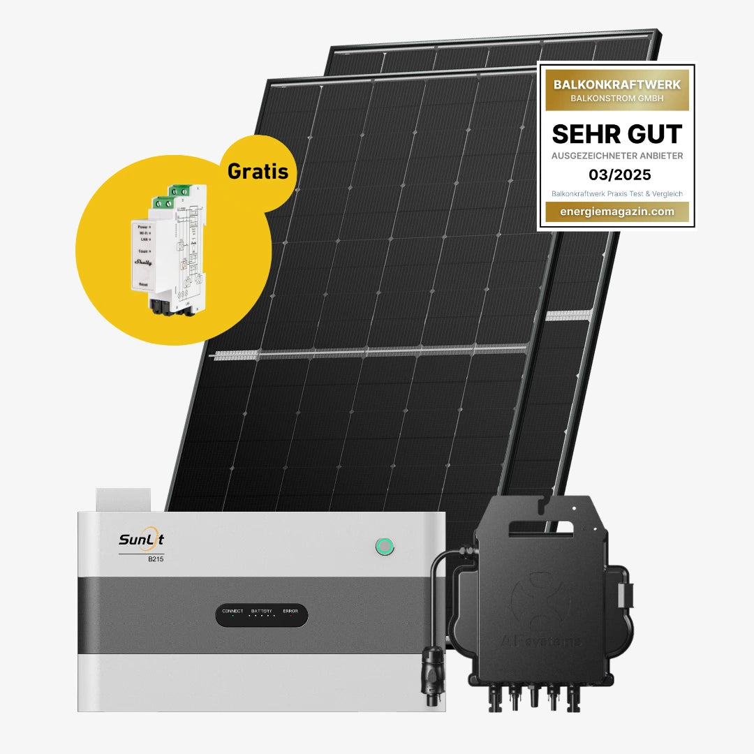 Zwei Solarmodule mit SunLit B215 Stromspeicher und AP Systems Wechselrichter und Shelly Pro 3EM Strommessgerät Produktbild