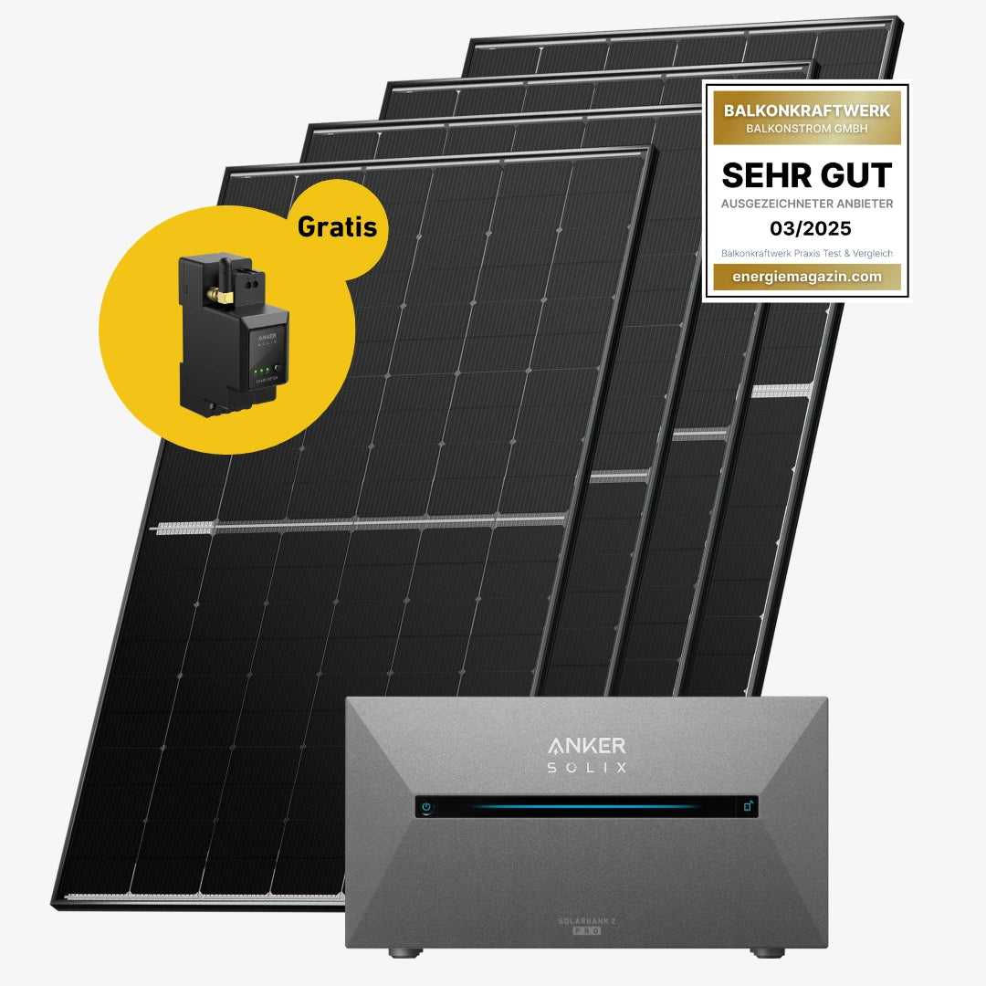 Vier Solarmodule mit Anker Solix Solarbank Pro 2, Anker Smartmeter und sehr gut Label