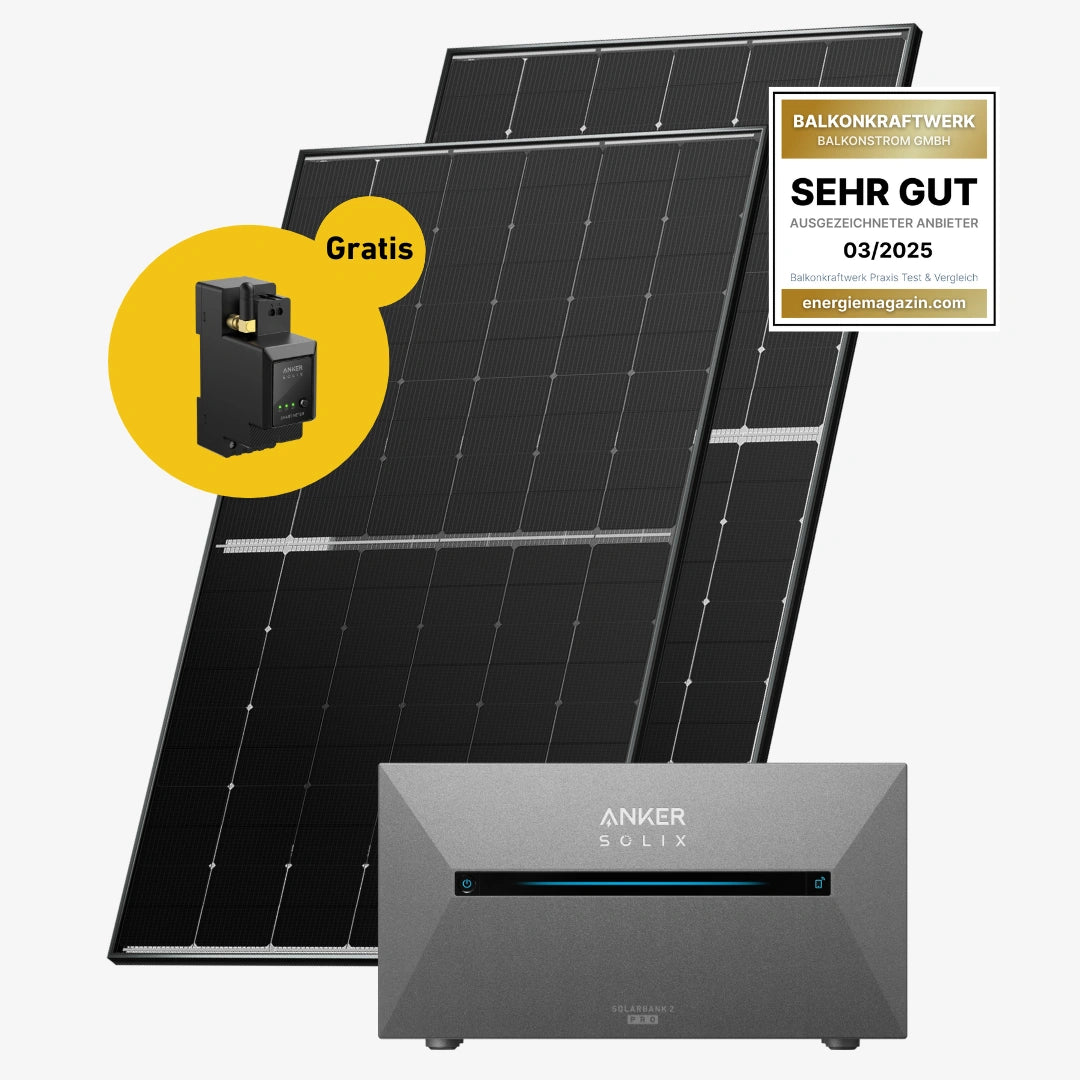 Zwei Solarmodule mit Anker Solix Solarbank Pro 2 und anker Smartmeter und sehr gut label