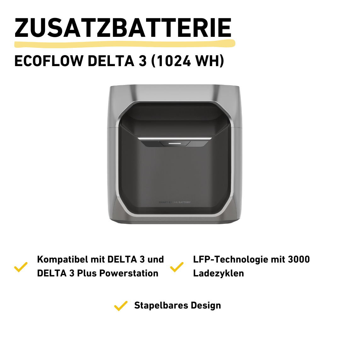 EcoFlow Delta 3 Zusatzbatterie Produkbild mit Produkthighlights