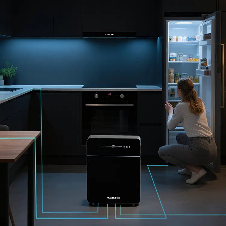 Marstek Venus E 3.0 in Küche mit Frau vor geöffnetem Kühlschrank im Hintergrund