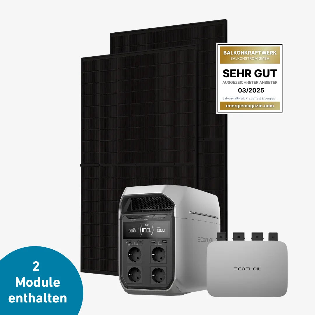 EcoFlow PowerStream Balkonkraftwerk mit zwei Solarmodulen, Delta 3 Plus Powerstation und 800W Mikro-Wechselrichter.
