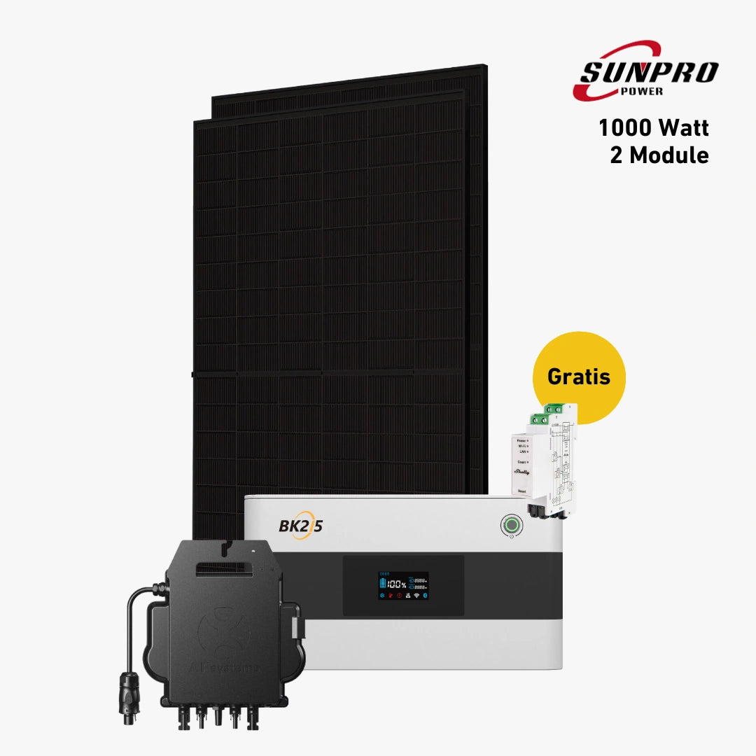 Zwei fullblack Solarmodule mit SunEnergyXT B215 Stromspeicher und AP Systems Wechselrichter und Shelly Pro 3EM Strommessgerät Produktbild