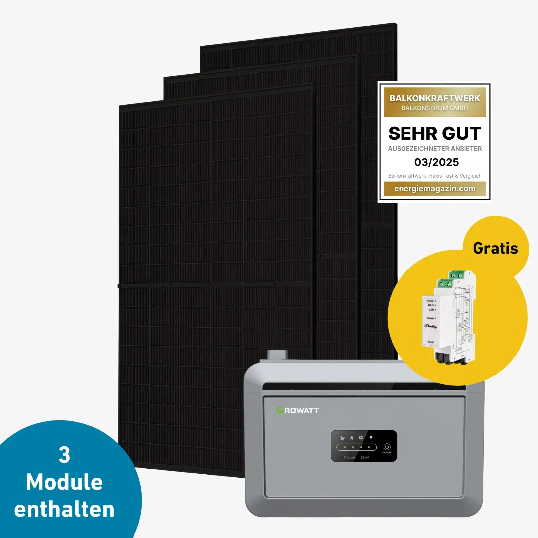 Solaranlagen-Set bestehend aus mehreren schwarzen Solarpaneelen, einem Growatt Batteriespeicher und einem Gratis-Artikel