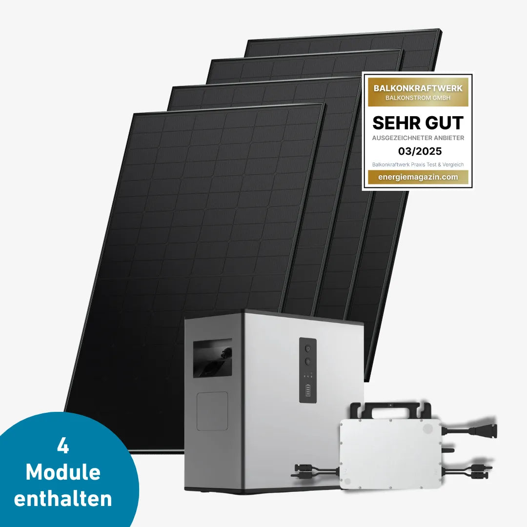 Vier Meyer Burger Solarmodule mit Hoymiles Speicher, Wechselrichter und sehr gut Label