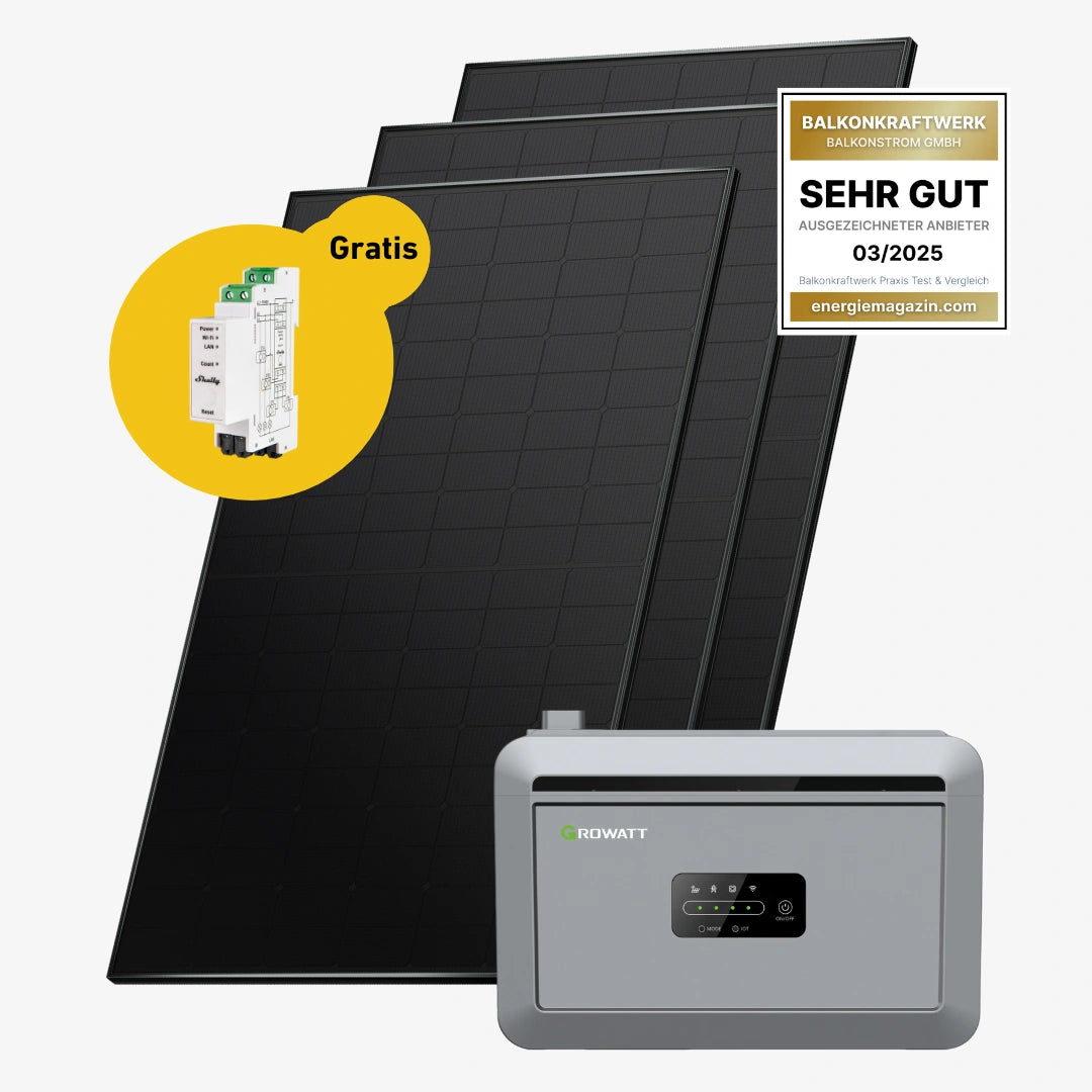 Premium Set mit drei Meyer Burger Solarmodulen, Growatt Stromspeicher und Shelly Pro 3 EM