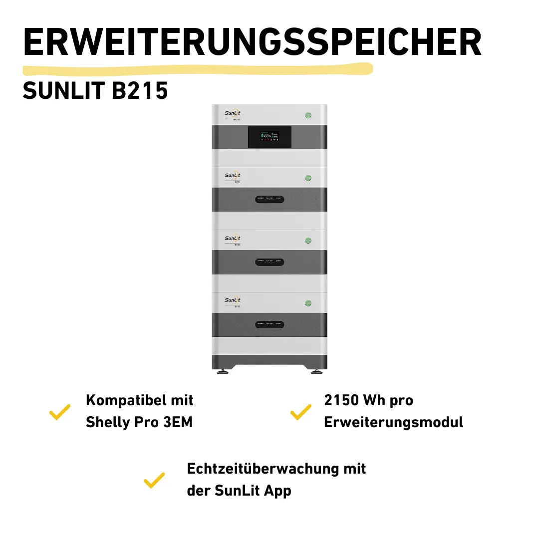 SunLit B215 Erweiterungsspeicher vier Module aufeinander installiert mit Produkteigenschaften neben dem Bild