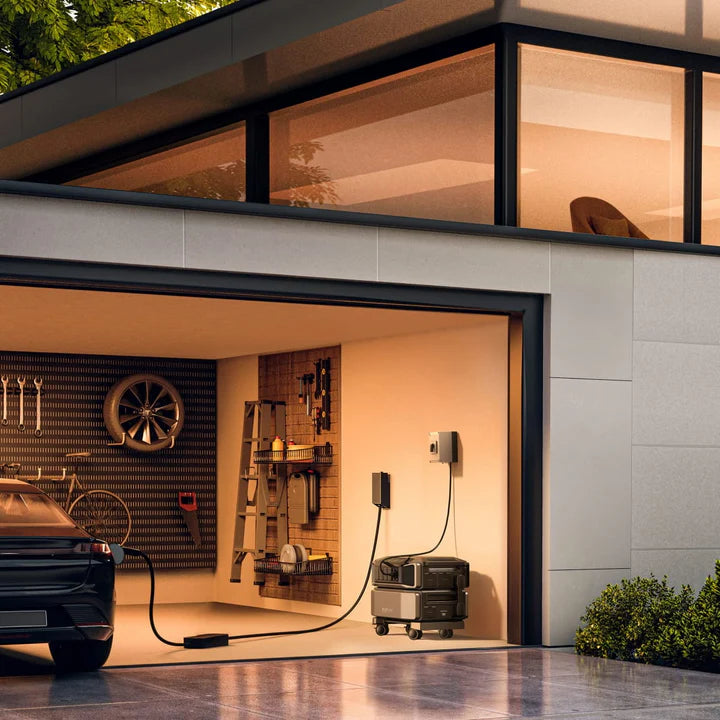 EcoFlow DELTA Pro Ultra in einer Garage im Einsatz, angeschlossen an einer Steckdose neben einem ladendem E-Auto